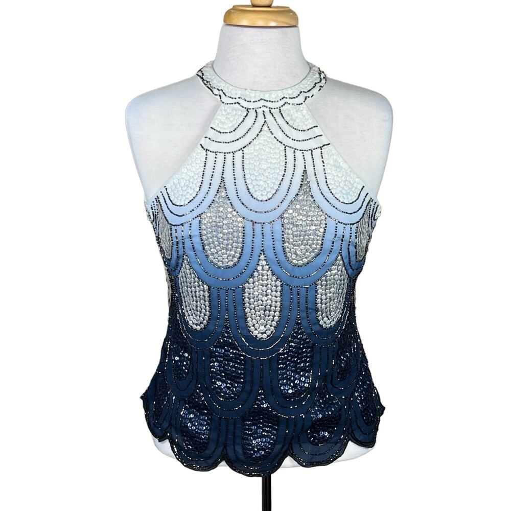 Venus Women’s Sequins & Beaded Blue & White Ombré Sleeveless Top Size 2-4